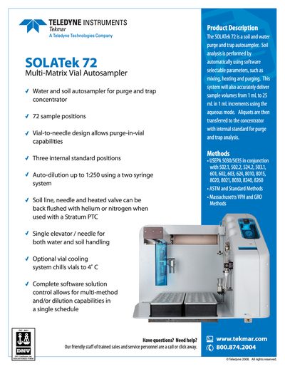 Teledyne Tekmar SOLATek 72 Soil and Water Purge and Trap Autosampler Product Description - cover page