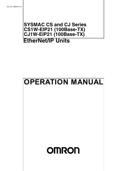 omron SYSMAC CS CJ Series CS1W-EIP21 (100Base-TX) CJ1W-EIP21 (100Base-TX) EtherNet/IP Units OPERATION MANUAL  - cover page
