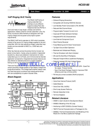 Intersil HC55185 RSLIC‑VoIP Data Sheet - cover page