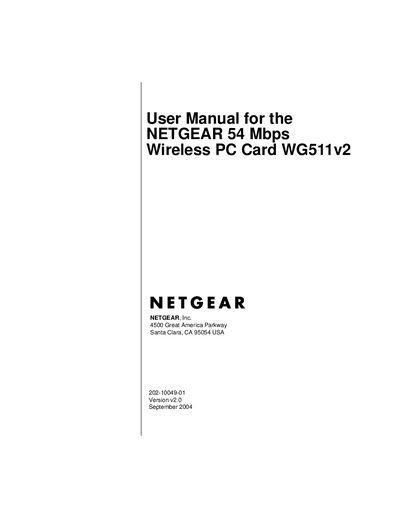 NETGEAR WG511v2 Wireless PC Card User Manual - cover page