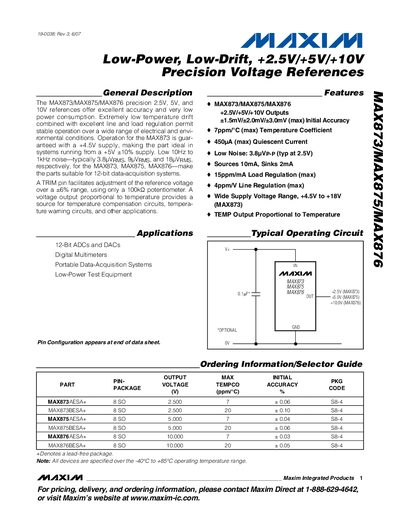 Maxim MAX873/MAX875/MAX876 Precision Voltage Reference Datasheet - cover page