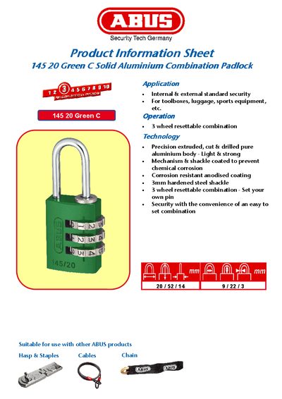 ABUS 145 20 Green C Combination Padlock Product Information Sheet - cover page