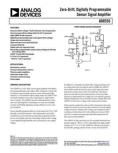 Analog Devices AD8555 Zero-Drift Sensor Signal Amplifier Datasheet - cover page