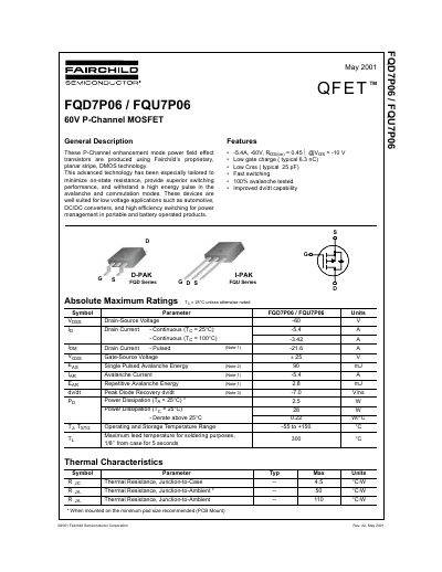 Fairchild FQD7P06/FQU7P06 60V P-Channel MOSFET Datasheet - cover page