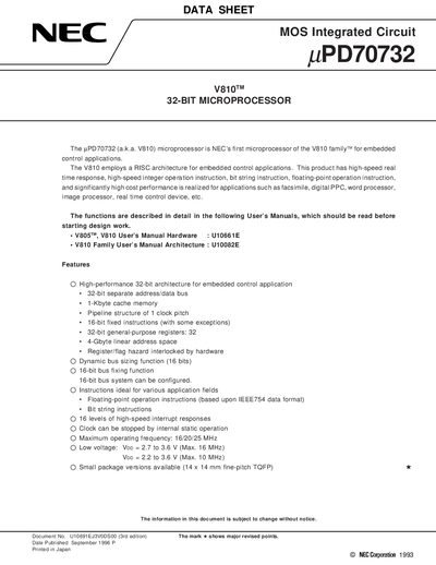 NEC uPD70732 32-Bit Microprocessor Datasheet - cover page