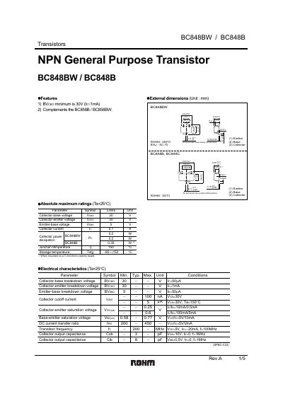 ROHM BC848BW / BC848B NPN General Purpose Transistor Datasheet - cover page