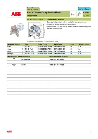 ABB ZS4-S-T Screw Clamp Terminal Block Technical Datasheet
