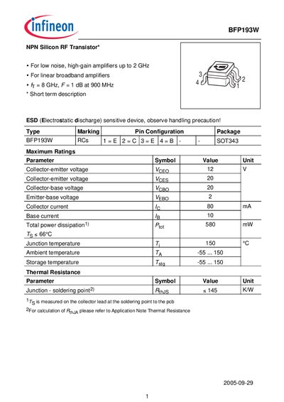 Infineon BFP193W Datasheet - cover page