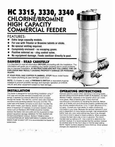 Pentair HC 3315/3330/3340 Chlorine/Bromine Feeder Manual - cover page
