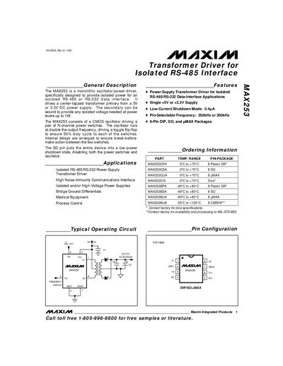 Maxim MAX253 Transformer Driver Datasheet - cover page
