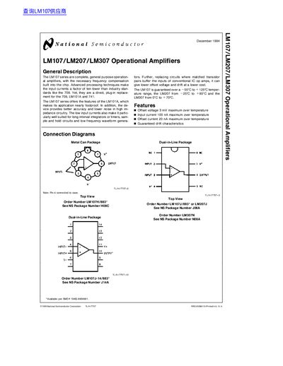 National Semiconductor LM107/LM207/LM307 Operational Amplifiers Datasheet