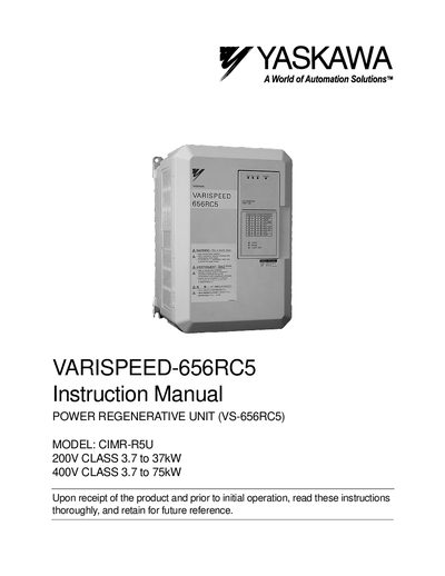 Yaskawa VARISPEED-656RC5 Power Regenerative Unit Instruction Manual - cover page