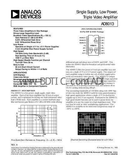 Analog Devices AD8013 Triple Video Amplifier Datasheet - cover page