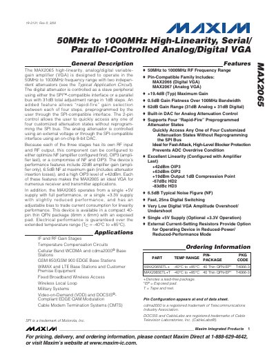 Maxim MAX2065 High-Linearity Variable Gain Amplifier Datasheet - cover page