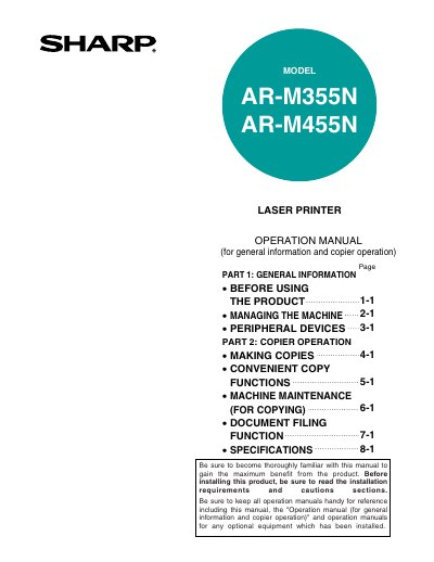 Sharp AR-M355N/AR-M455N Laser Printer Operation Manual - cover page