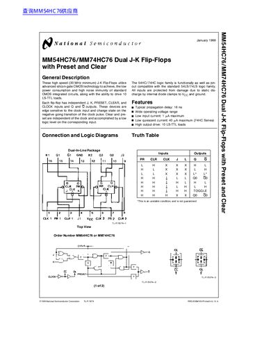 National Semiconductor MM54HC76/MM74HC76 Datasheet - cover page