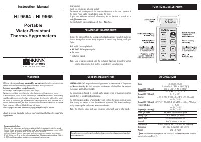 Hanna Instruments HI 9564/9565 Portable Thermo-Hygrometer Instruction Manual - cover page