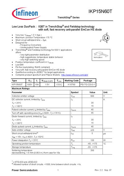 Infineon IKP15N60T IGBT Datasheet - cover page