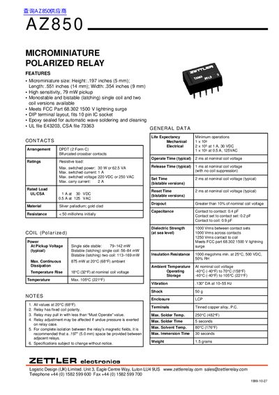 Zettler Electronics AZ850 Microminiature Polarized Relay Datasheet - cover page