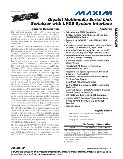 Maxim MAX9249 Gigabit Multimedia Serial Link Serializer with LVDS System Interface Datasheet - cover page