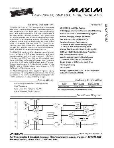MAXIM MAX1002 Low-Power 60Msps Dual 6-Bit ADC handbook - cover page