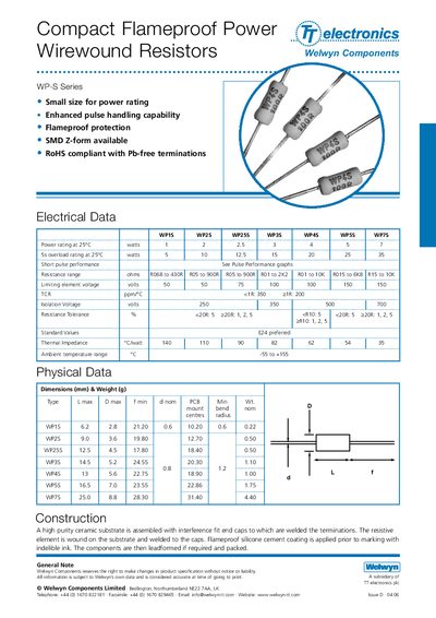 Welwyn Components WP-S Series Flameproof Power Wirewound Resistors Datasheet - cover page