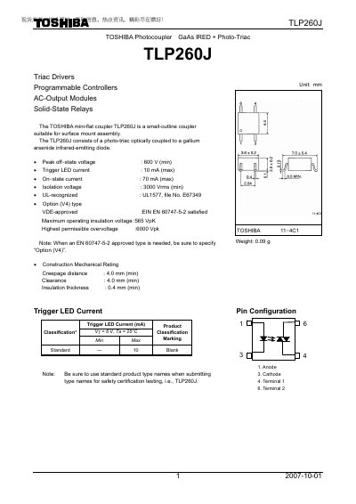 Toshiba TLP260J Photocoupler Datasheet - cover page