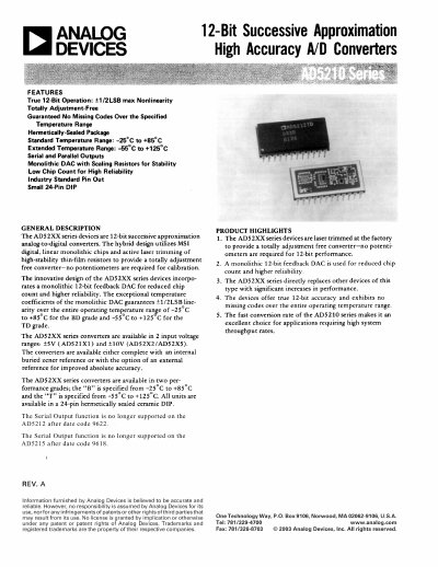 Analog Devices AD5212 12-Bit Successive Approximation A/D Converter Datasheet