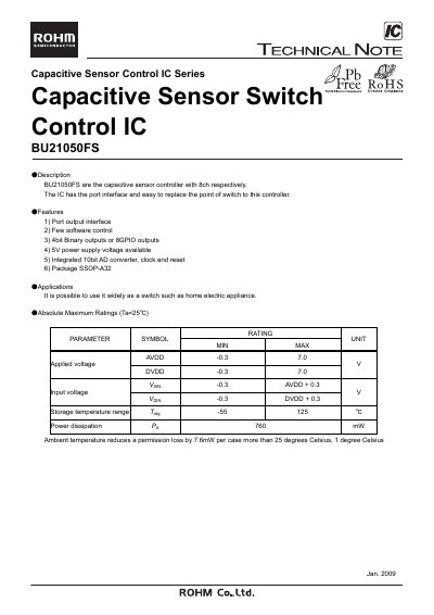 ROHM BU21050FS Capacitive Sensor Control IC Datasheet - cover page