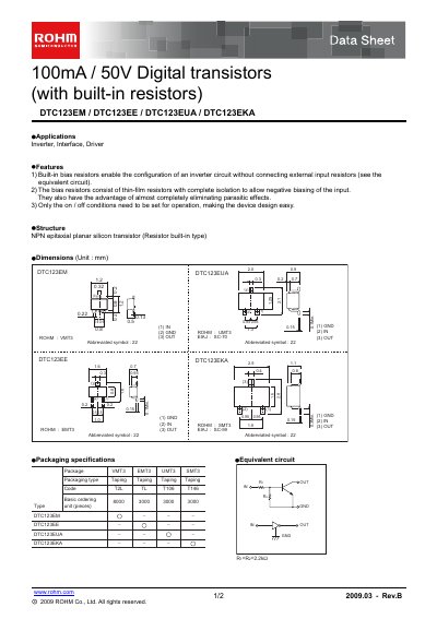 ROHM DTC123EM/DTC123EE/DTC123EKA/DTC123EUA Manual - cover page