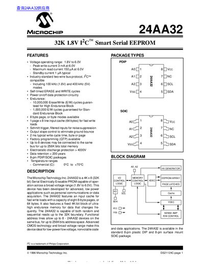 Microchip 24AA32 32K 1.8V Serial EEPROM Datasheet
