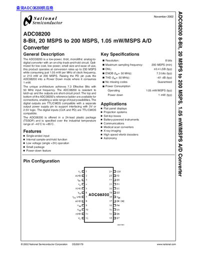 national semiconductor ADC08200 8-Bit 20 MSPS to 200 MSPS 1.05 mW/MSPS A/D Converter handbook - cover page