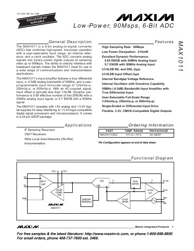 Maxim MAX1011 Low-Power 90Msps 6-Bit ADC Datasheet - cover page