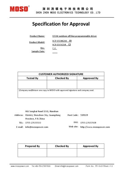 Moso XCP-150M214 XCP-150V214 LED Driver Specification - cover page