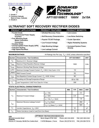 Advanced Power Technology APT15D100BCT Ultrafast Soft Recovery Rectifier Diodes Datasheet - cover page