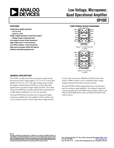 Analog Devices OP490 Quad Operational Amplifier Datasheet - cover page