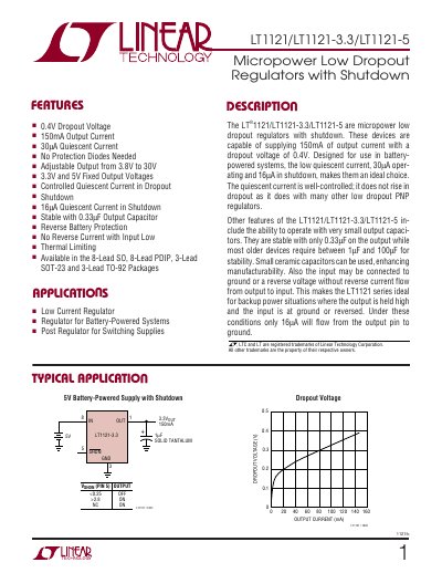 Linear Technology LT1121/LT1121-3.3/LT1121-5 Low Dropout Regulator Datasheet - cover page
