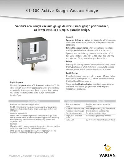 Varian CT-100 Active Rough Vacuum Gauge Product Leaflet - cover page