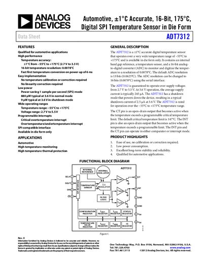 Analog Devices ADT7312 Temperature Sensor Datasheet - cover page