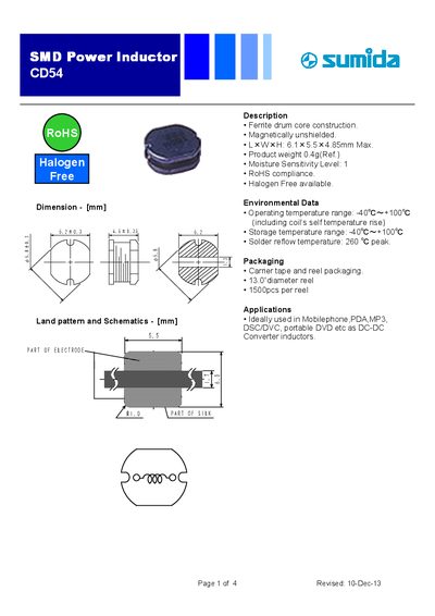 Sumida CD54 Power Inductor Datasheet - cover page