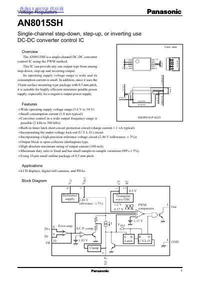 Panasonic AN8015SH DC-DC Converter Control IC Datasheet - cover page