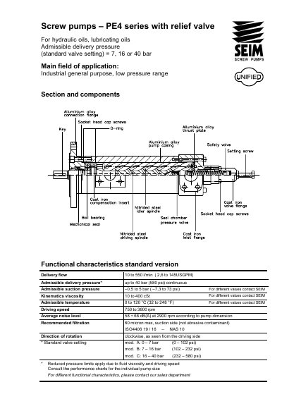 SEIM PE4 Series Screw Pump Technical Data Sheet - cover page