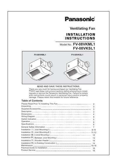 Panasonic FV-08VKML1/FV-08VKSL1 Ventilating Fan Installation Instructions - cover page