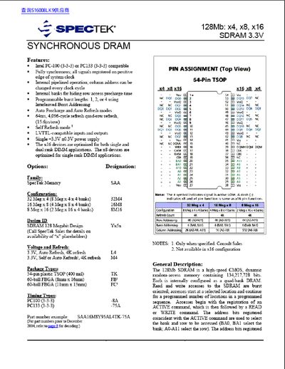 SpecTek 128Mb SDRAM 3.3V Synchronous DRAM Datasheet - cover page
