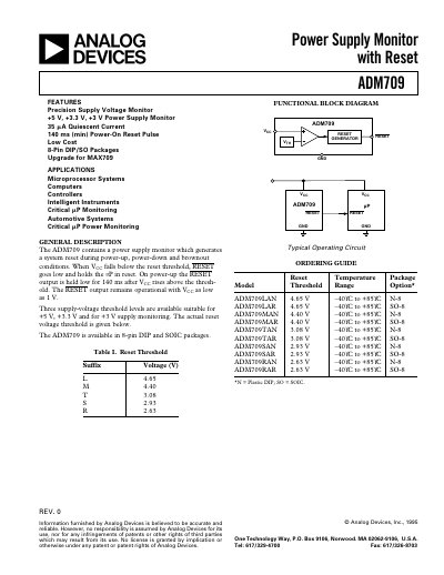 Analog Devices ADM709 Power Supply Monitor Datasheet - cover page