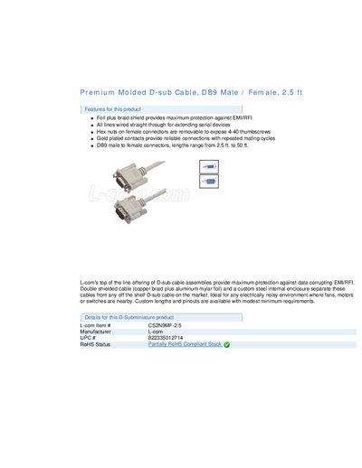 Premium Molded D-sub Cable DB9 Male Female 2.5 ft - cover page
