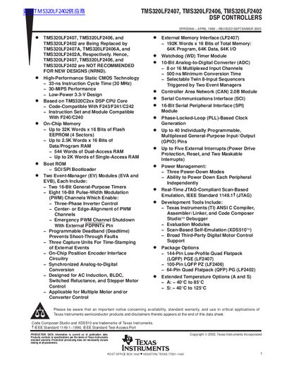 Texas Instruments TMS320LF2407 Datasheet - cover page