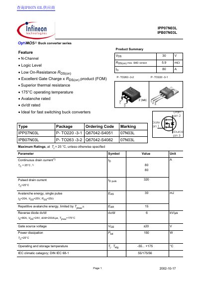 Infineon IPP07N03L IPB07N03L Manual - cover page