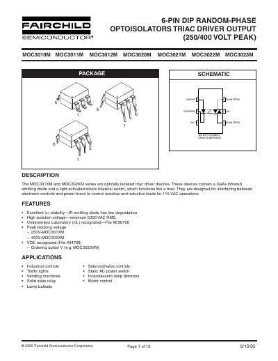 FAIRCHILD SEMICONDUCTOR 6-PIN DIP RANDOM-PHASE OPTOISOLATORS TRIAC DRIVER OUTPUT (250/400 VOLT PEAK) Manual - cover page