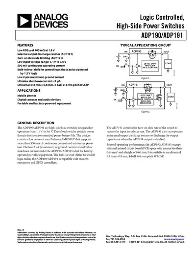 Analog Devices ADP190/ADP191 High‑Side Power Switch Datasheet - cover page